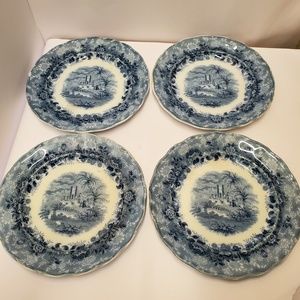 4 antique Old castles england blue white plates